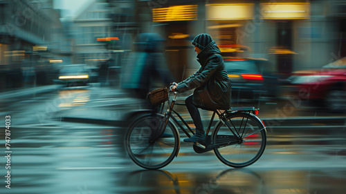 A cyclist moves swiftly through a rainy cityscape, captured in a motion blur.