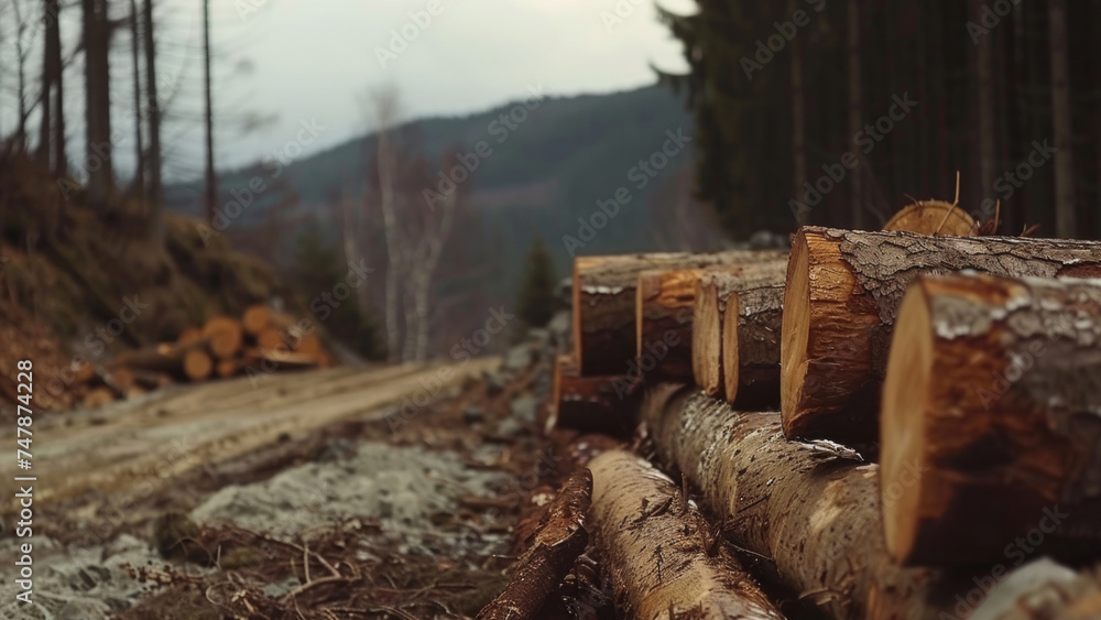 Fototapeta premium Timber logs lie alongside a forest path, with mountains in the backdrop on a cloudy day.