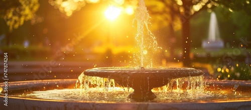 A fountain in a park spouts water in the sunlight, creating a dynamic and refreshing display. The water gushes upwards and cascades down in a continuous flow, adding movement and energy to the scenic