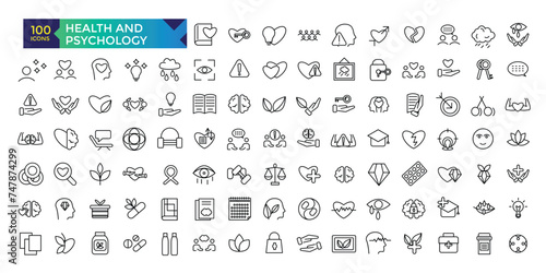 Health and Psychology line icons related to wellness, wellbeing, mental health, healthcare, medical. Outline icon collection.