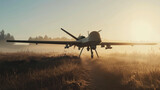 Drone hovers at sunrise over a dew-kissed field, ready for flight.