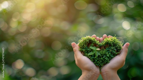 Hands holding green heart shaped plant. World Environment Day.