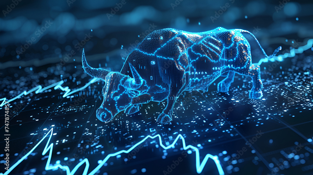 Bull and stock market graph in blue, digital technology. generative ai - obrazy, fototapety, plakaty 