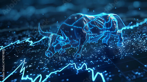 Bull and stock market graph in blue, digital technology. generative ai