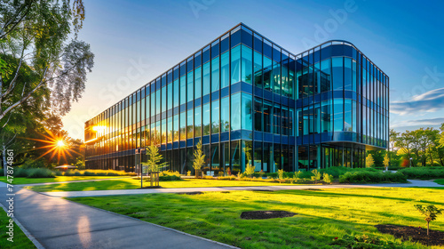 Modern Office Building Facade, Blue Sky Reflection on Glass Windows, Architectural Business Design