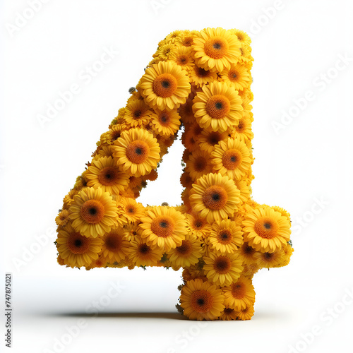 Number 4 is made of real natural Yellow flowers, Isolated on a white background, flower font concept, Creative Numbers
