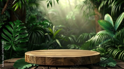 Wood podium outdoors with blur green monstera tropical forest plant  nature background