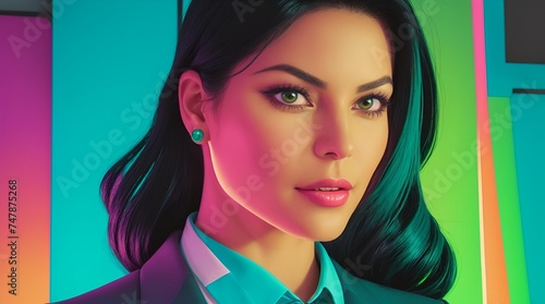 Close-up of a businesswoman illustrations, exuding confidence, Wearing a modern suit in vibrant neon tones, stands out in a contemporary office setting. © Aileny