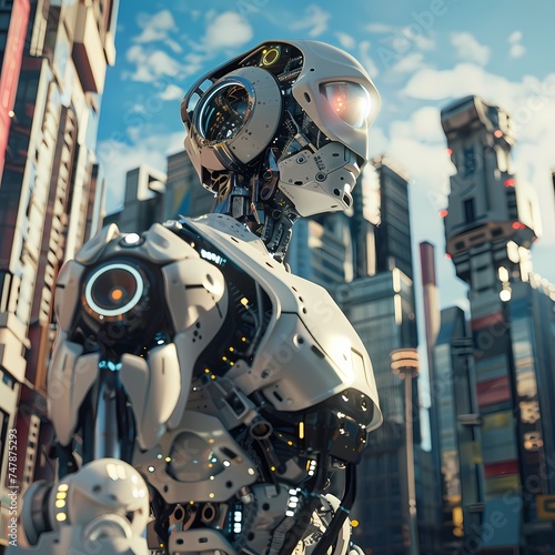 The detailed mechanics of a robot are highlighted against the backdrop of a bustling city street, illustrating the intersection of daily life and robotic advancement. The setting sun casts a warm glow