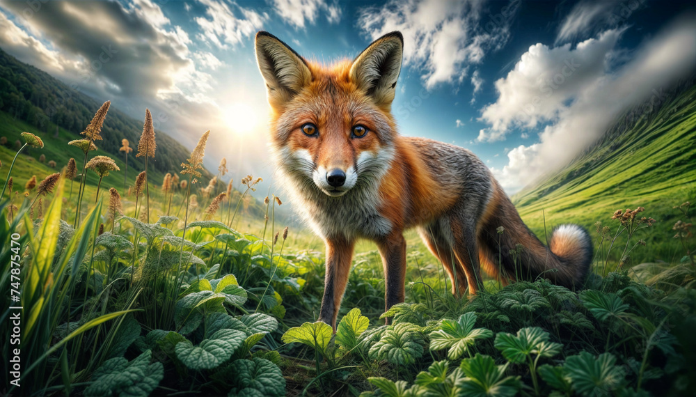 Fototapeta premium Captivating scene of a fox in a lush meadow under a clear sky, showcasing its vibrant fur and alert stance, highlighting wildlife beauty and natural habitat preservation. 