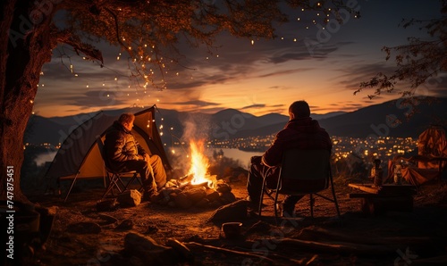 Two People Sitting Around a Campfire at Night