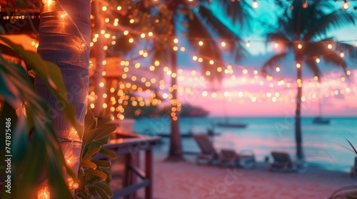 Blurred beach bar background at sunset. Bar top and chairs, palm trees, warm string lights, with ocean waves and a colorful sky.