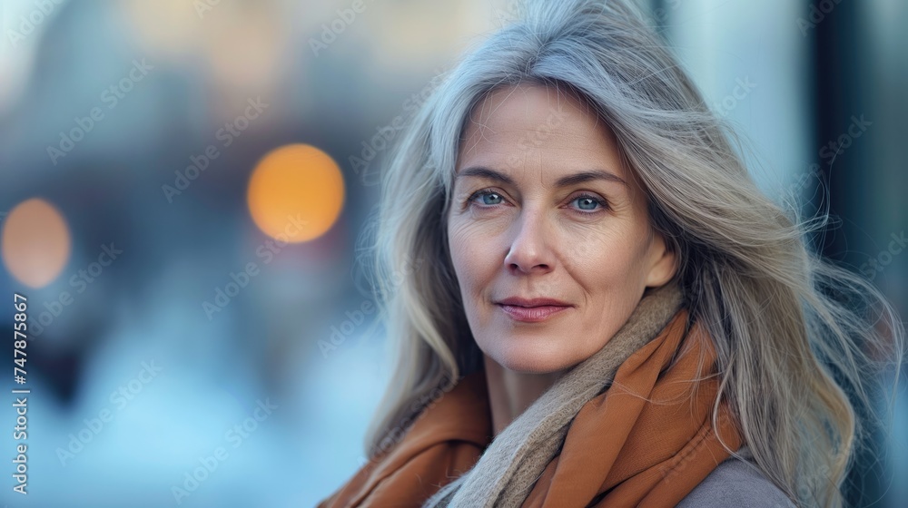 Beautiful woman with long grey hair looking into camera Beautiful woman with long grey hair looking into camera