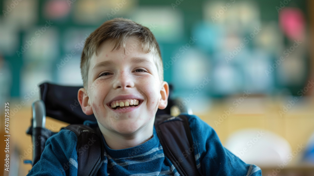 Joyful boy with a beaming smile, sitting in a wheelchair in a school setting. Joyful boy with a beaming smile, sitting in a wheelchair in a school setting.