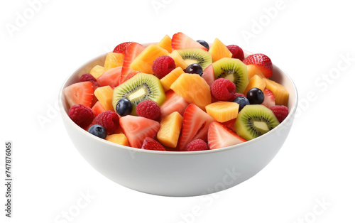 White Bowl Filled With Cut Up Fruit. A white bowl is filled with a colorful assortment of cut up fruit, including strawberries, pineapple, grapes, and kiwi and ready to be enjoyed.