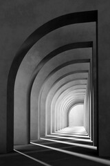 A black and white background with light coming through the building structure.