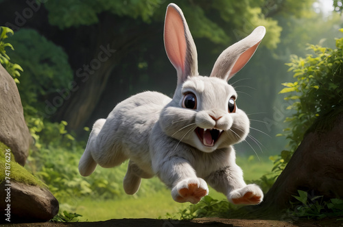 Happy rabbit in jump in forest photo