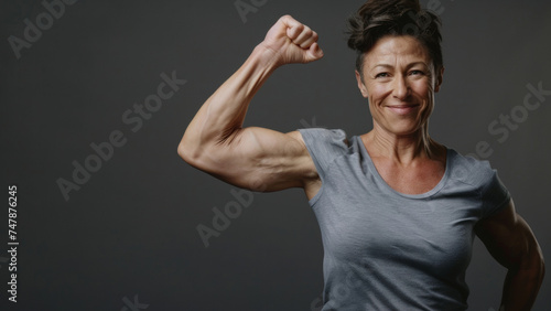Confident mature woman flexing her muscles with pride in a gray studio backdrop. photo