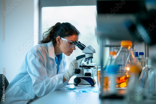 scientist working with microscope in laboratory, science research and development concept