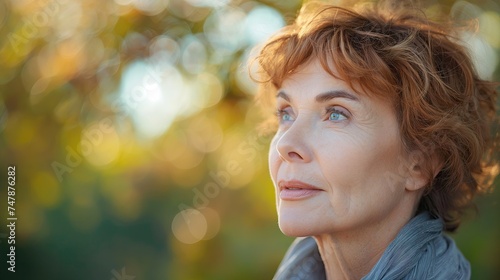 Handsome mature woman with beautiful eyes looking into the distance, Portrait of a senior female person