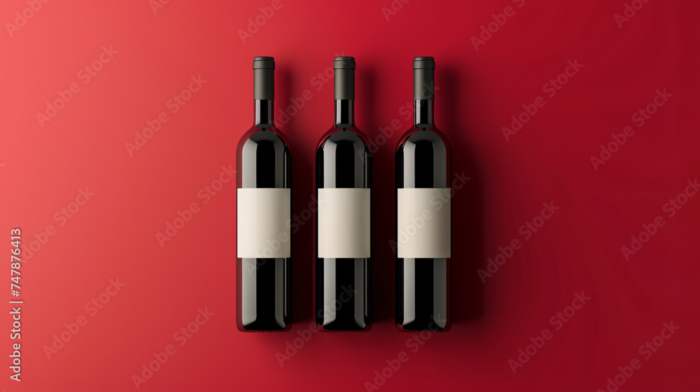 set of wine bottles blank labels mock up isolated on red background set of wine bottles blank labels mock up isolated on red background