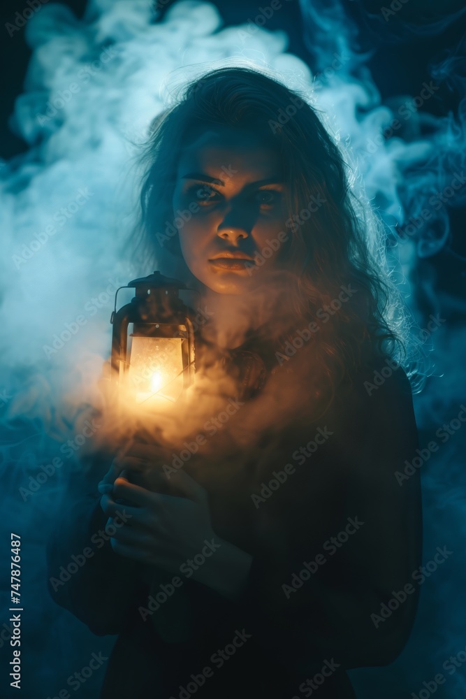Beautiful Woman shrouded in Ethereal Fog holding Glowing Lantern that Guides Spirits to Afterlife - Raw Sensual Emotional Dark Mystical Fantasy Girl Background created with Generative AI Technology