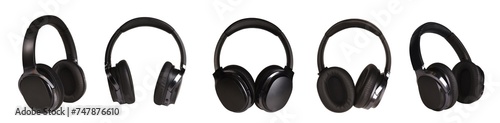 A set of black wireless headphones on a white isolated background