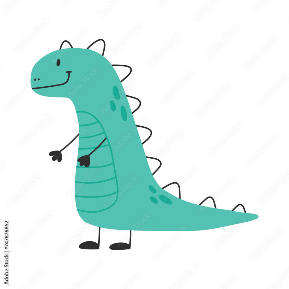 Obraz premium Cute dinosaur in cartoon scandinavian style. Vector illustration for a kids room. Hand drawn dino isolated on white background. Dino character.