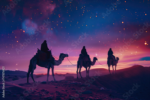 three wise men on camels in desert with the star lights