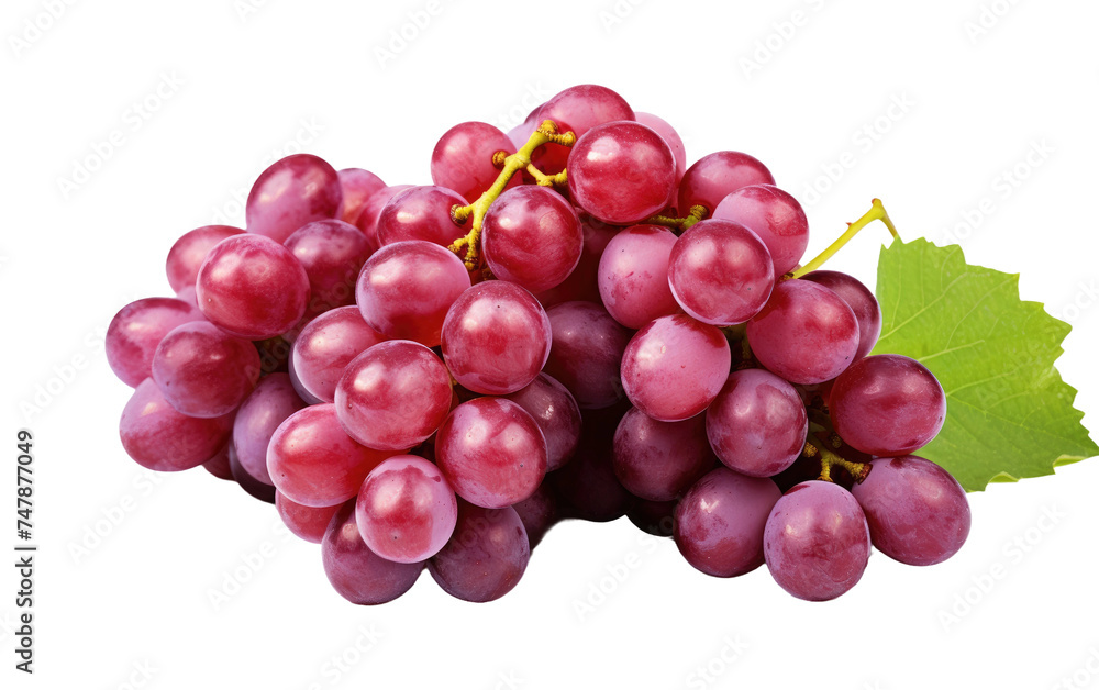 A cluster of fresh grapes with a single green leaf attached to a stem. The grapes are plump and glossy, showcasing their vibrant purple hue alongside the lush green leaf. A cluster of fresh grapes with a single green leaf attached to a stem. The grapes are plump and glossy, showcasing their vibrant purple hue alongside the lush green leaf.