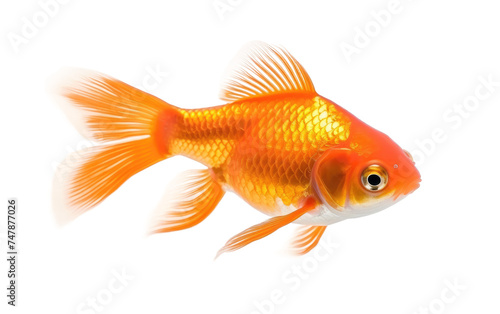 A single goldfish with shimmering scales and flowing fins gracefully swims in a white background. The fishs bright orange color contrasts beautifully against the stark white setting.