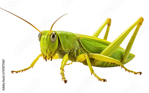 Grasshopper. This close up shot showcases a detailed view of a grasshopper perched. The grasshoppers intricate body structure and long antennae are clearly visible in this macro shot. © Usama