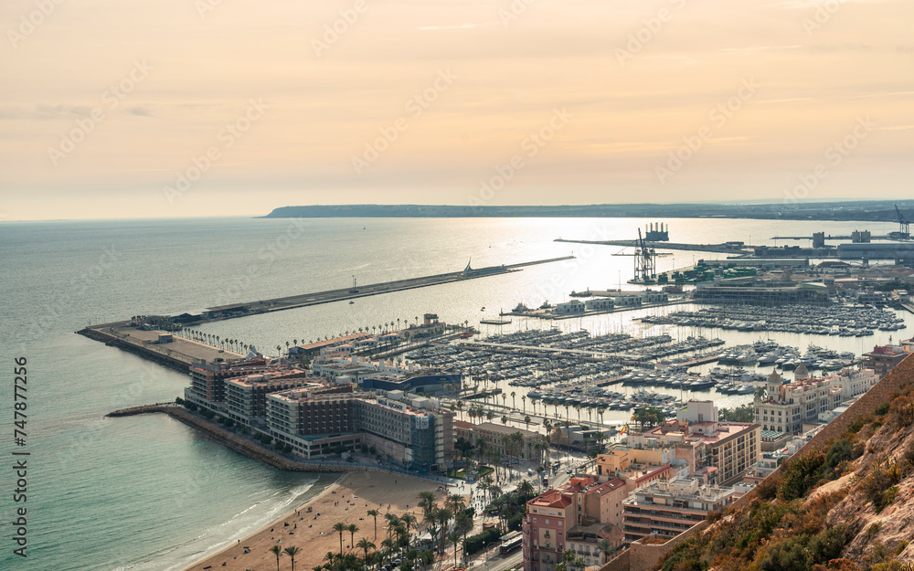 aerial view of the port of alicante, spain at golden hour