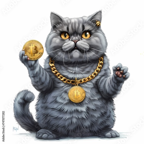 A well-groomed gray feline flaunts a luxurious golden Bitcoin charm, merging the worlds of pet charm and cryptocurrency. AI Generative
