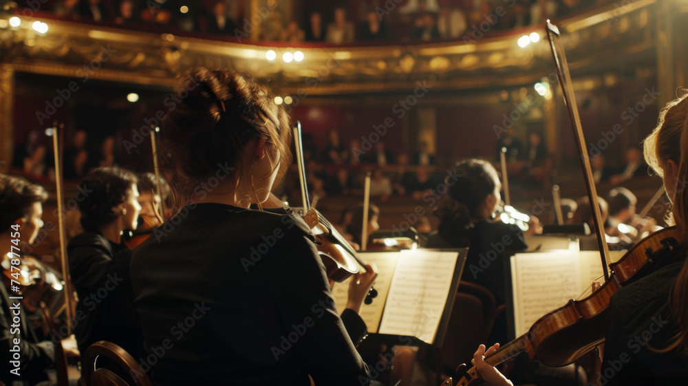 A violinist's perspective from within the orchestra pit, the intensity of performance captured mid-concert. A violinist's perspective from within the orchestra pit, the intensity of performance captured mid-concert.