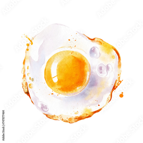 Watercolor illustration fried egg. 
Vector isolated painting of fresh organic food breakfast