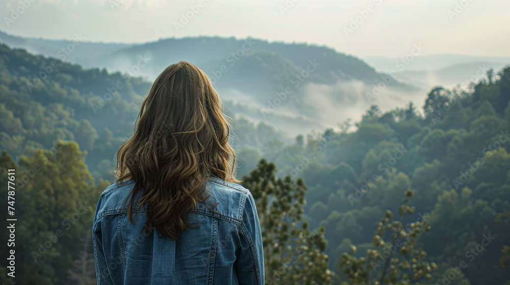 Woman in denim gazing at a fog-covered forested mountain range, a moment of serenity.
