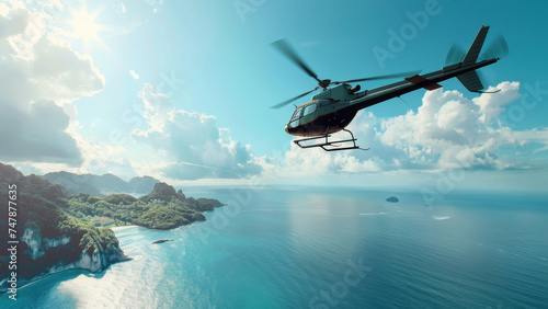 A helicopter hovers above a breathtaking tropical coastline  showcasing the vastness and serenity of nature.
