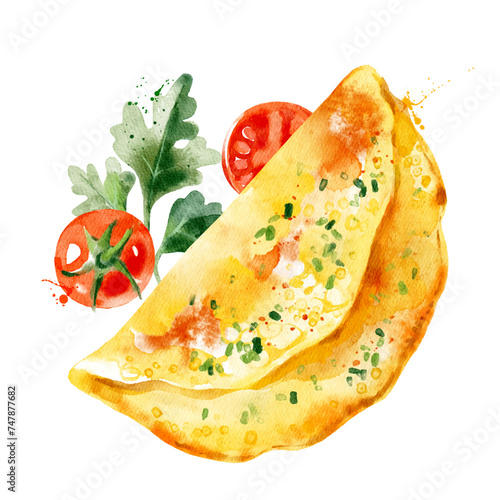 Watercolor illustration omelette with vegetables. Vector isolated painting of fresh organic food breakfast