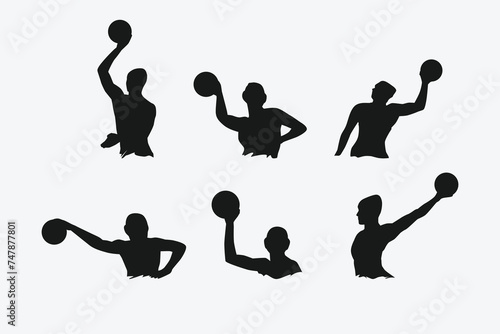 set of silhouettes of water polo players with different poses, gestures. isolated on white background. vector illustration.