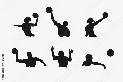 set of silhouettes of water polo players with different poses, gestures. isolated on white background. vector illustration.