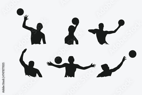 set of silhouettes of water polo players with different poses, gestures. isolated on white background. vector illustration.