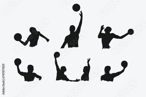 set of silhouettes of water polo players with different poses, gestures. isolated on white background. vector illustration.