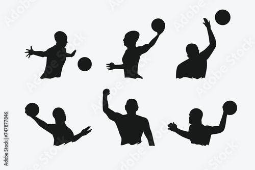 set of silhouettes of water polo players with different poses, gestures. isolated on white background. vector illustration.