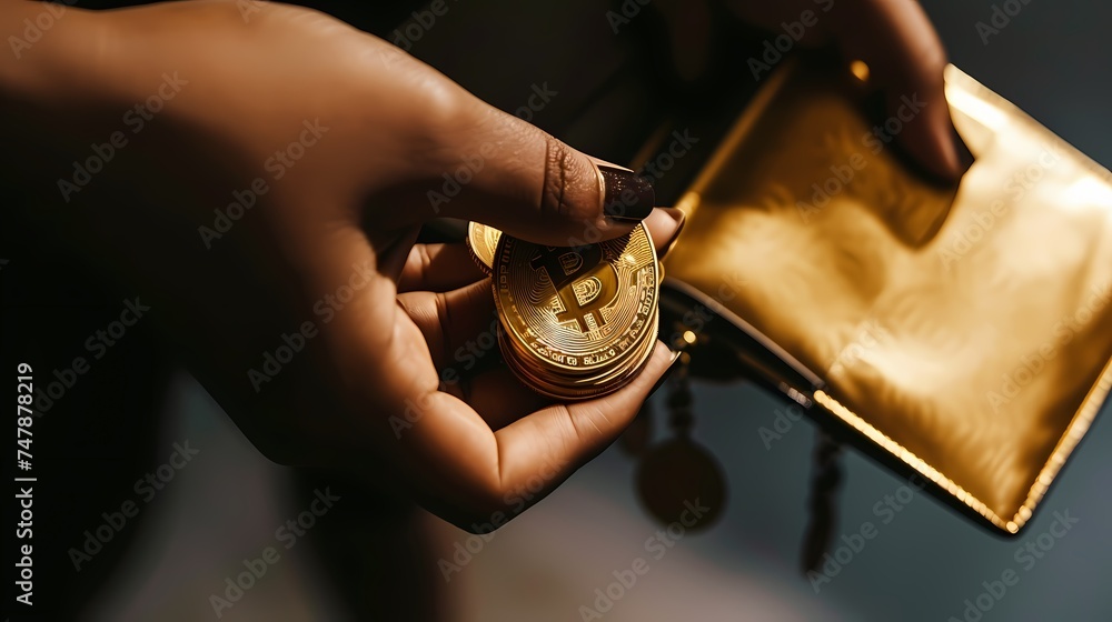 A hand emerges from a golden glow, displaying a Bitcoin, emphasizing the tangible aspect of the digital currency. AI Generative - obrazy, fototapety, plakaty 