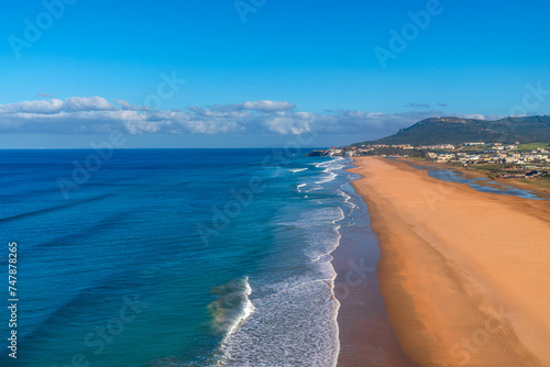 Aerial view of a beautiful beach on the Moroccan Atlantic Coast in Tanger  Morocco