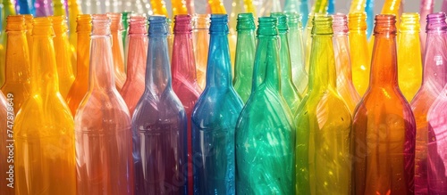 A row of vibrant colored carbonated drink bottles, sitting neatly next to each other on a surface, creating a visually appealing pattern.
