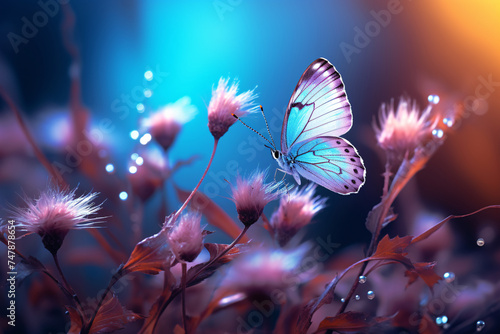 Wild Light Blue Flowers in the field and Two butterflies fluttering