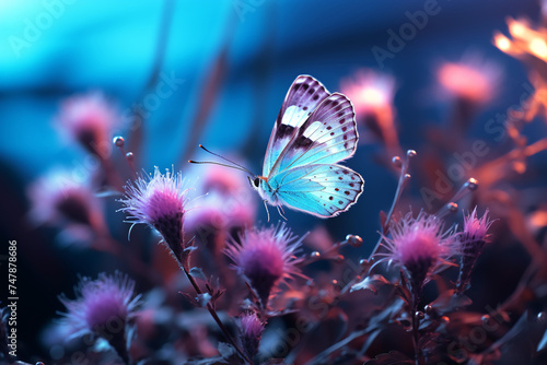 Wild Light Blue Flowers in the field and Two butterflies fluttering © wendi