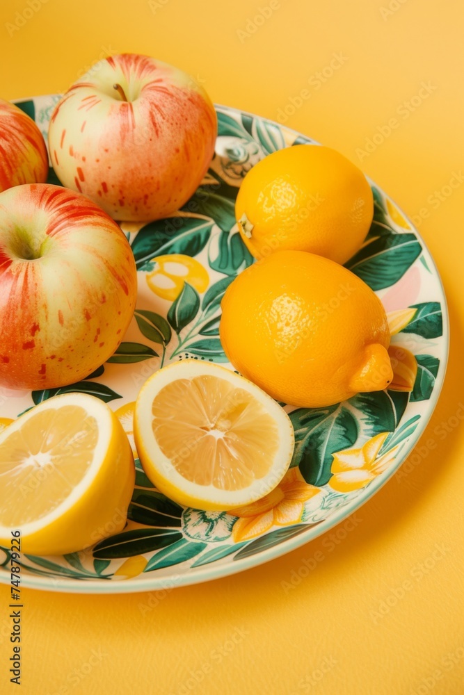 Colorful still life of fresh citrus fruits on a decorative plate Colorful still life of fresh citrus fruits on a decorative plate